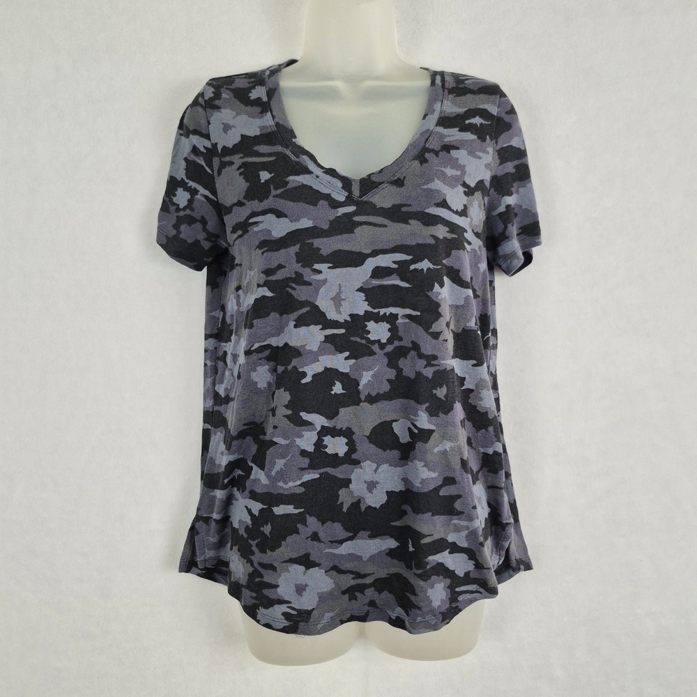 Athleta Womens Camo V-Neck Short Sleeve Burnout Tee Gray Black Small Athleisure
